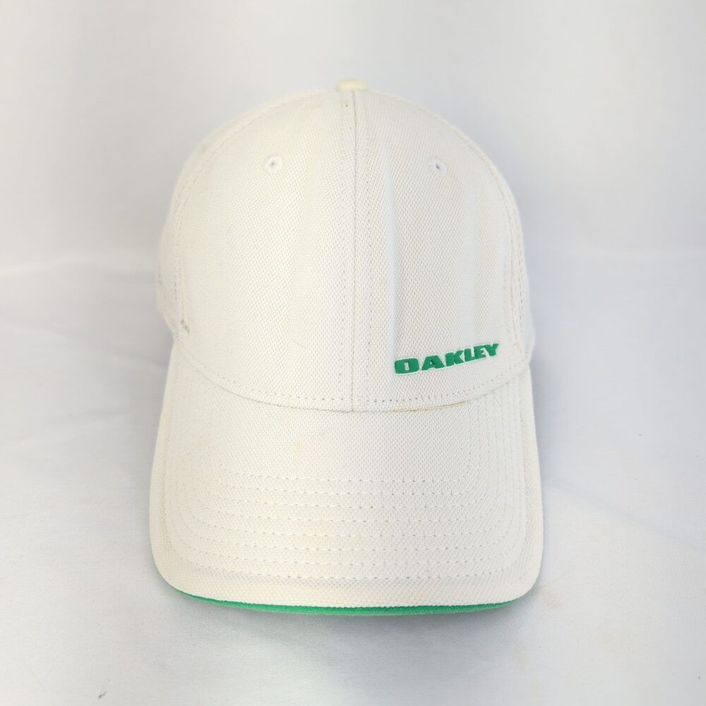 Oakley Flexfit Fitted Hat Mens Large XL White Green Logo Mesh Back Baseball Cap